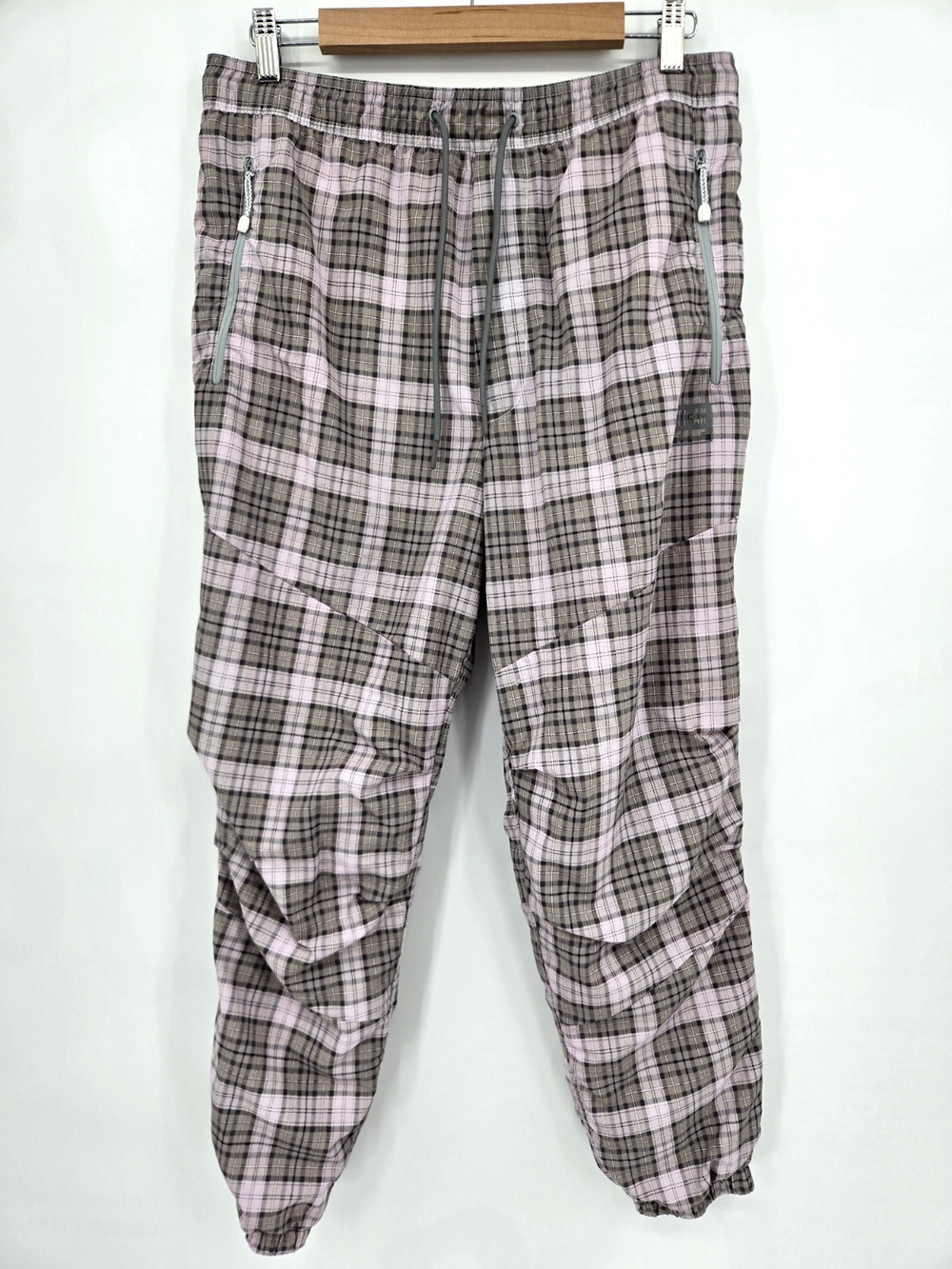 American Eagle Plaid Nylon Track Jogger Pants Pink Gray Y2K Streetwear Size M